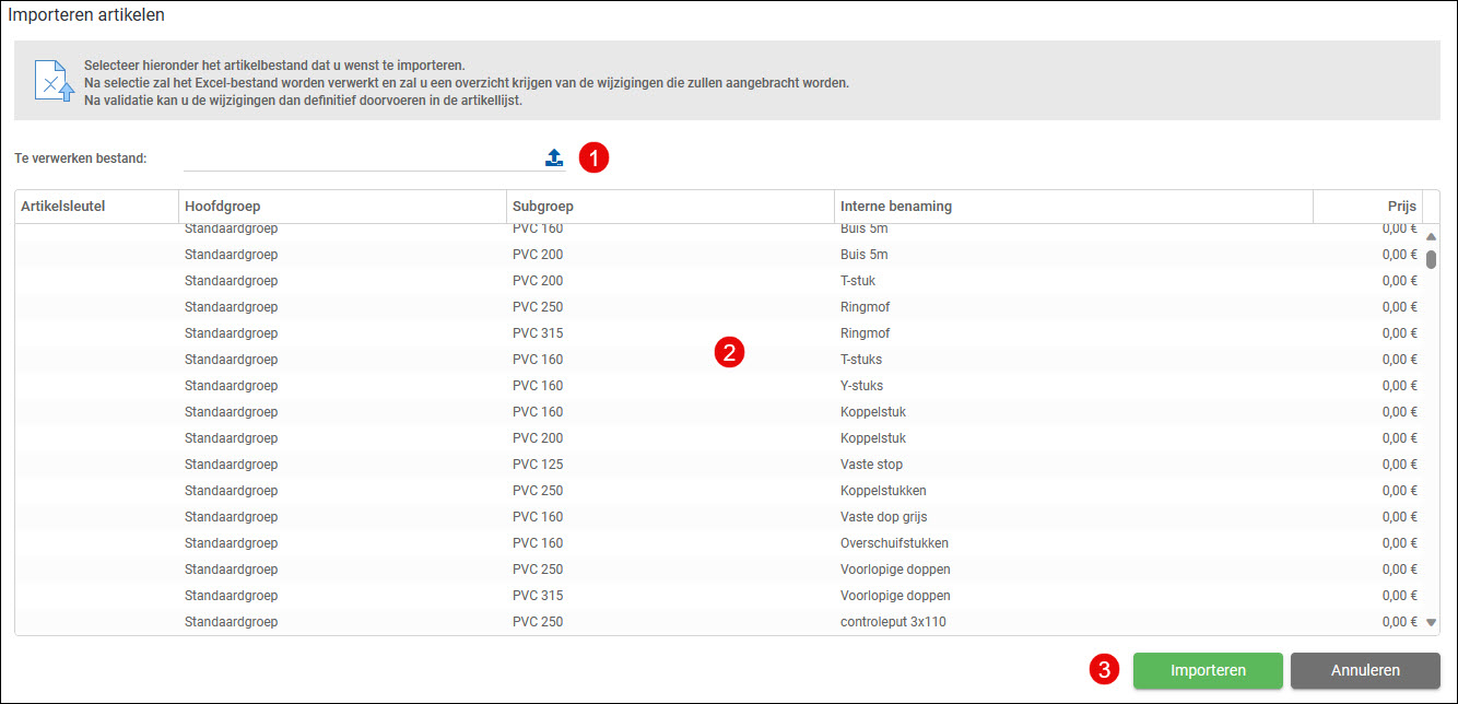 Venster voor het importeren van artikelen